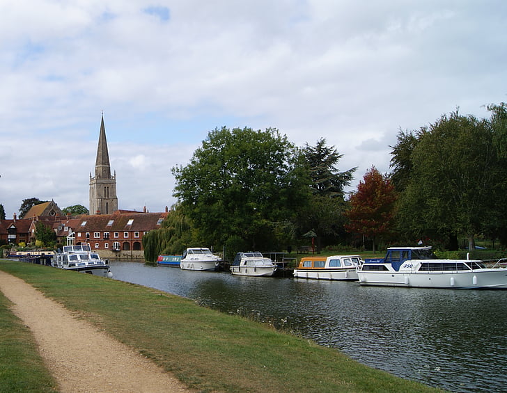 Река, Thames, Англия, Абингдон, лодки, Церковь