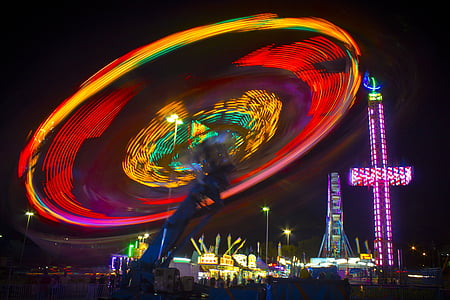 carnival, ride, neon, colors, motion, fair, spinning