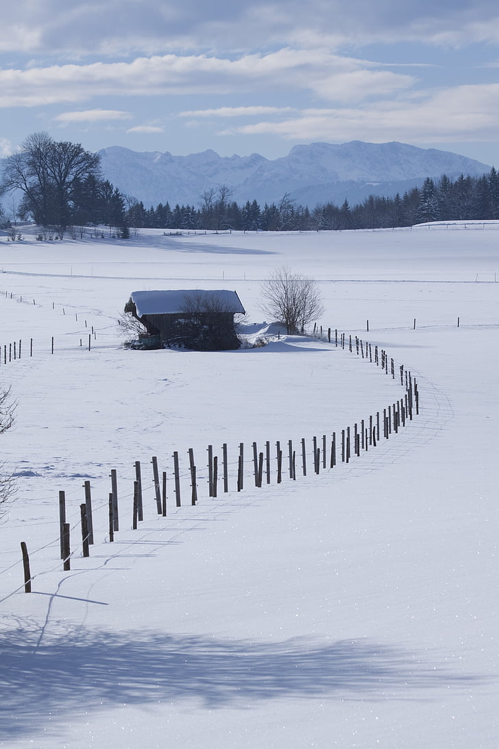 landscape, mountains, upper bavaria, winter, blue, white, wide angle