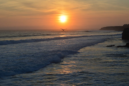 saulriets, pludmale, okeāns, krasts, krēslas stundā, krasta, romantisks