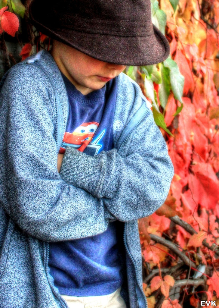 chico, niño, sombrero, frío, Fedora, hojas, pose