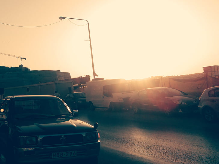voiture, coucher de soleil, Malte, rue, lumière, grunge, Vintage