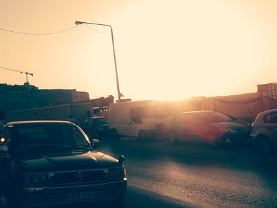 carro, pôr do sol, Malta, rua, luz, grunge, vintage