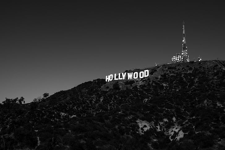 Hollywood, logotipo, preto e branco, fonte, sinalização, Highland, montanha