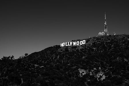 Hollywood, logotipo, preto e branco, fonte, sinalização, Highland, montanha