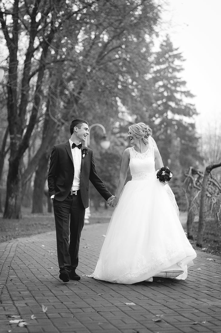 voksen, svart-hvitt, Bryllupsutstyr, bruden, par, kjole, engasjement