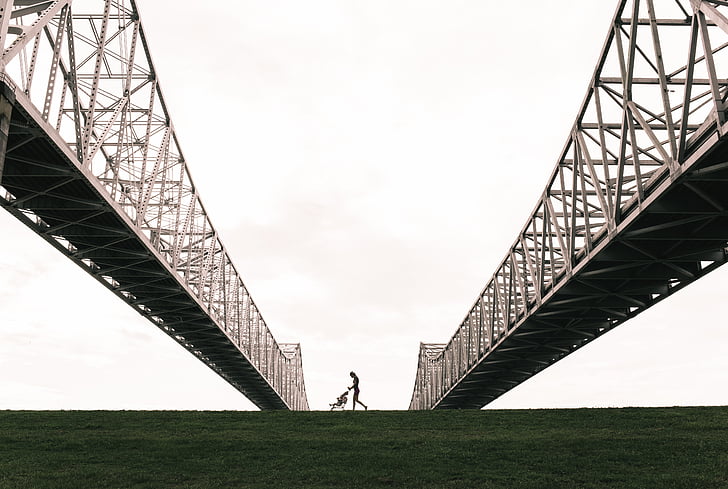 person, walking, bridge, architecture, structure, steel, sky