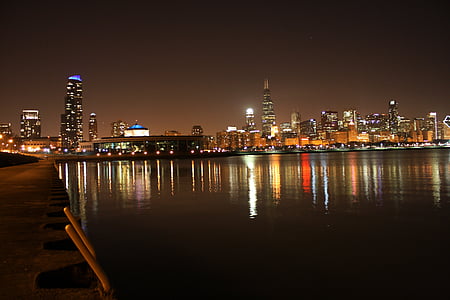 Chicago malam, Danau michicagn, refleksi, cakrawala, Chicago, pemandangan kota, Pusat kota