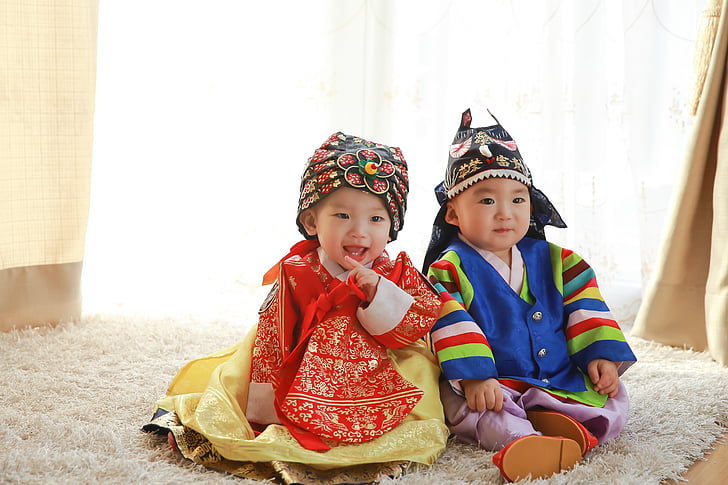 traditionella, kläder, Baby, hanbok, Korea, barn, kulturer