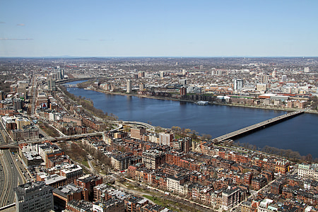 Boston, skats no augšas, pilsēta, pilsētas, augšpusē, mājas, upes