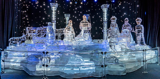 ice sculptures, gaylord palms, exhibit, religious, christmas, snoopy, christmas tree
