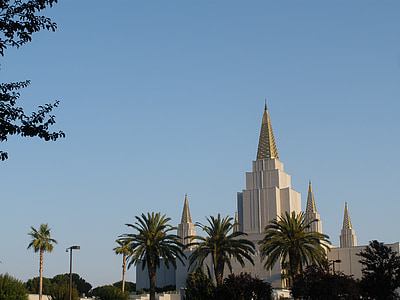 Templo de, Mórmon, arquitetura, Oakland, Palm, árvores, ouro