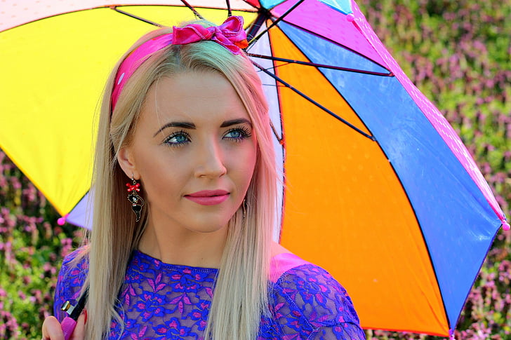 girl, umbrella, coloring, blonde, blue eyes