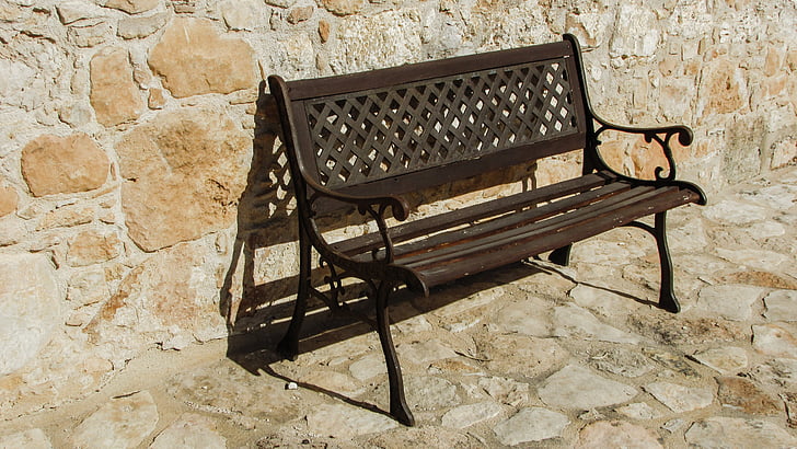 bench, wooden, wall, stone built, outdoor