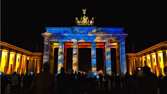 Fesztivál, Berlin, Németország, város, világítás, éjszaka, fények