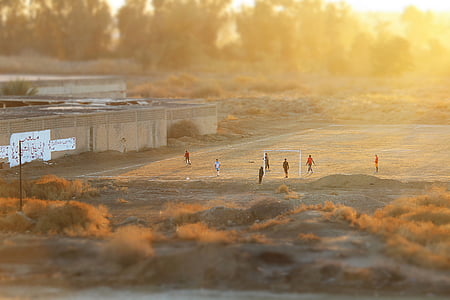 足球, 字段, 日落, 橙色, 足球, 体育, 自然