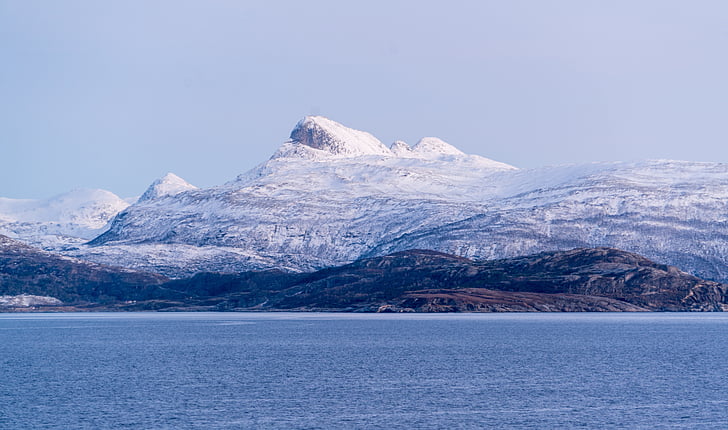 Norja, rannikko, hämärä, Fjord, Sea, Mountain, lumi
