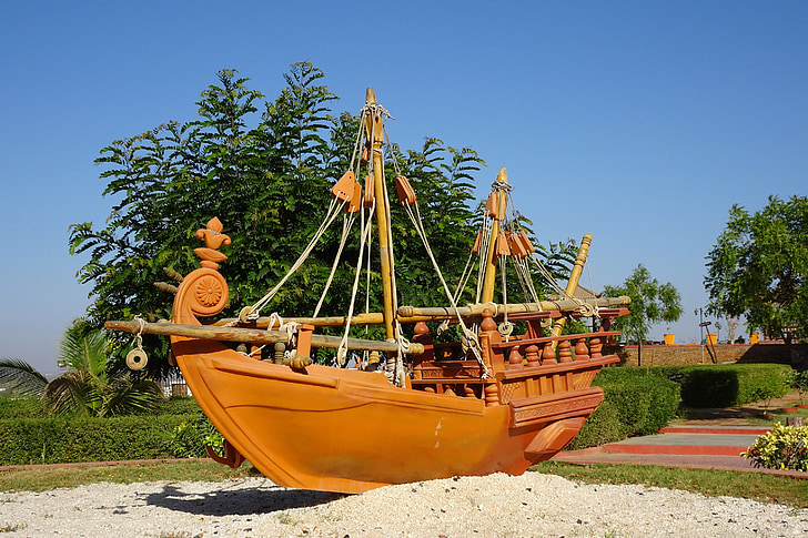 barco, de madeira, tradicional, réplica, Turismo, navio de, Bhuj