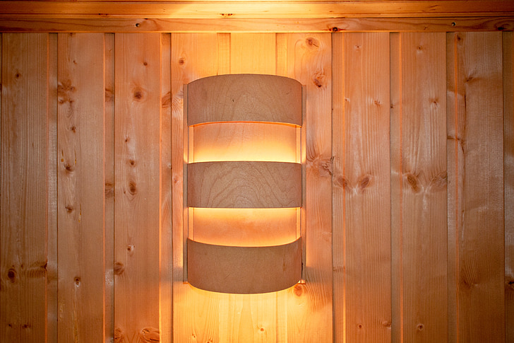 světlo, sauna lampa, Dřevěná stěna, čalounění, záře, lampa, sauna