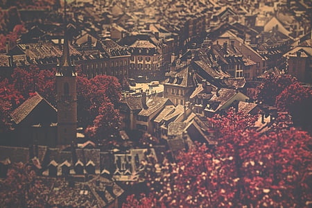 kuva, rakennus, lähellä kohdetta:, punainen, puut, City, rakennukset