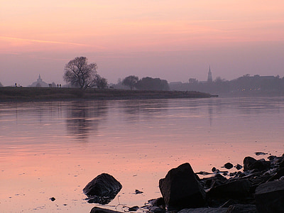Dresden, Elbe, solnedgång, reflektion, naturen, sjön, vatten