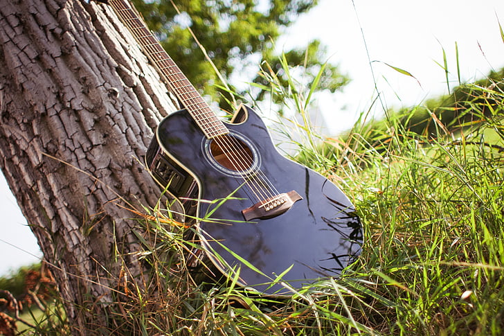 страна, поле, трева, китара, струнен инструмент, дърво, дървени