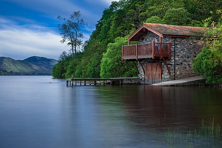 white, standing, brown, wooden, dock, beside, lake