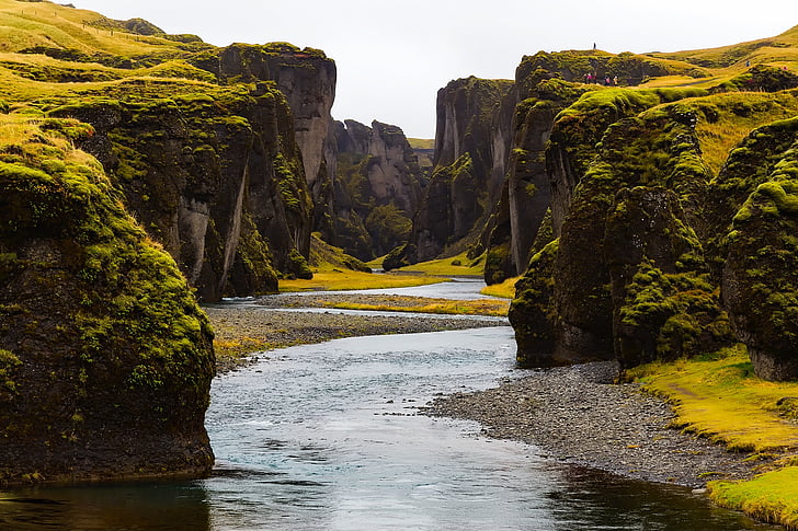 Island, krajolik, tok, vode, planine, tundra, litice
