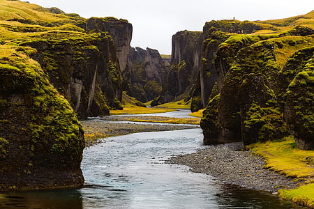 Islandia, pemandangan, Stream, air, pegunungan, Tundra, tebing