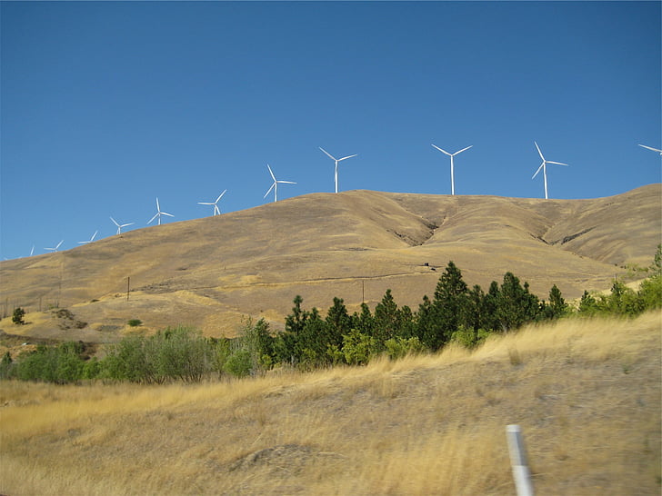 kincir angin, pemandangan, biru, cerah, langit, kincir angin, bukit-bukit