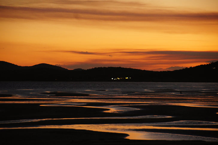 vatten, Bowen, Nya Zeeland, ebb, solnedgång, reflektion, stranden