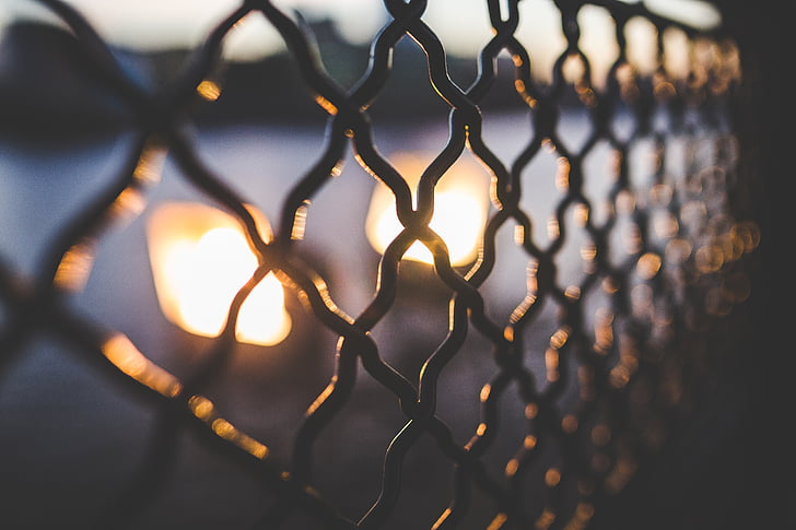 closeup, photography, cyclone, fence, chainlink, sunset, evening