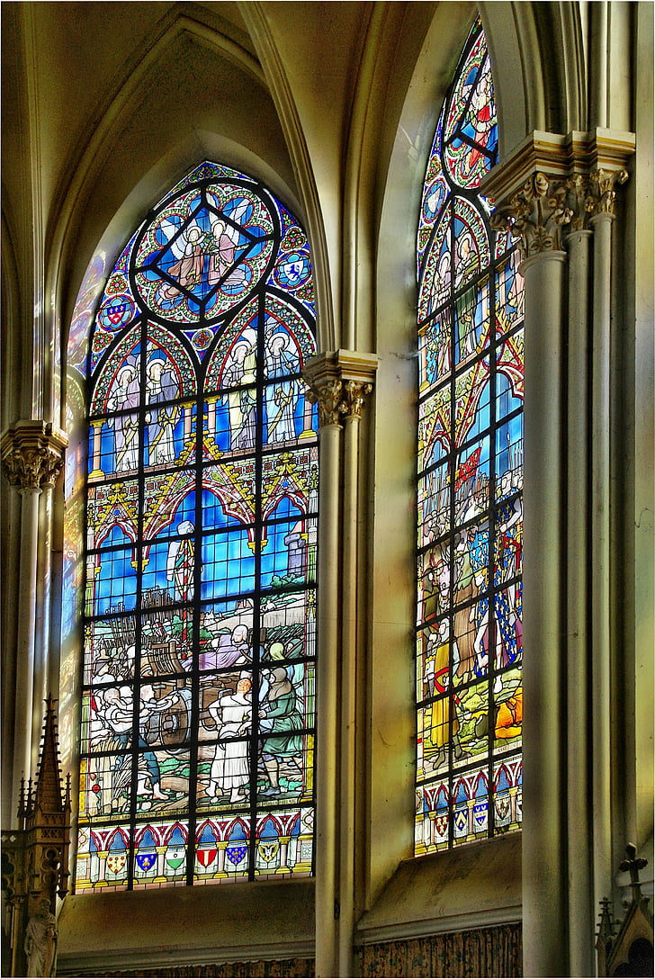 bouvines, baznīca, vitrāžu logiem, kaujas, 1214, mantojums, vitrāžas