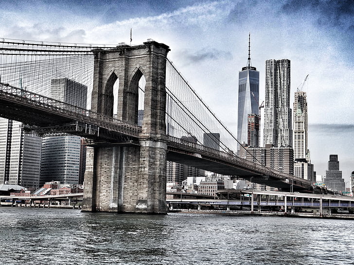 híd, Brooklyn-híd, épületek, város, East River, HDR, Manhattan