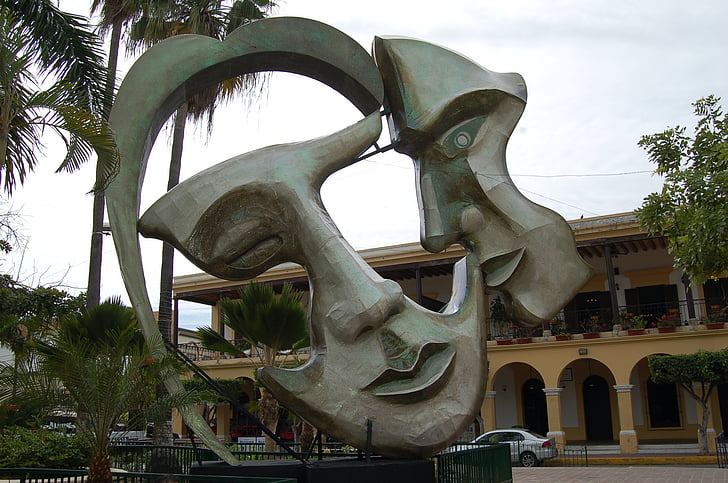 två ansikte, staty, konstverk, Mexico, Mazatlan, Park