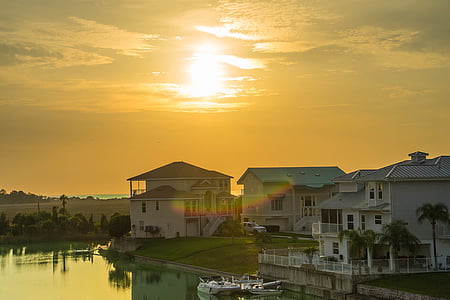 solnedgang, Florida, kanalen, regnbue, arkitektur, vann, vakker
