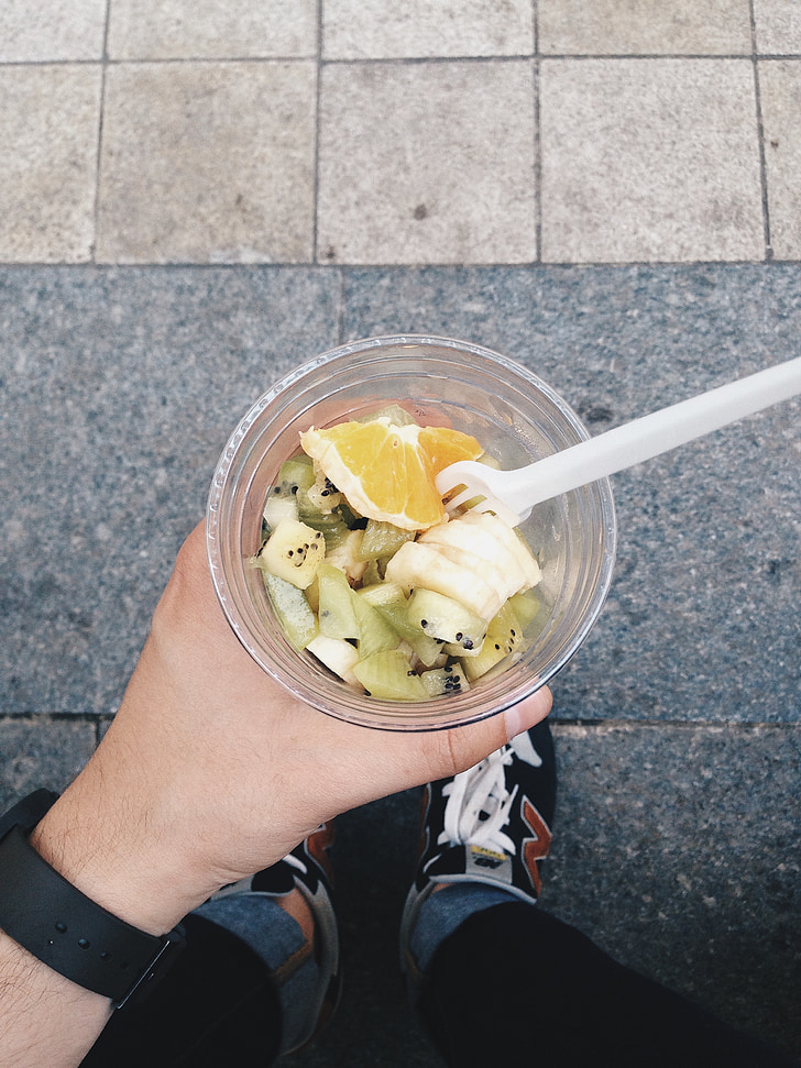 fruit, salad, cup, new balance, road, street, by hand