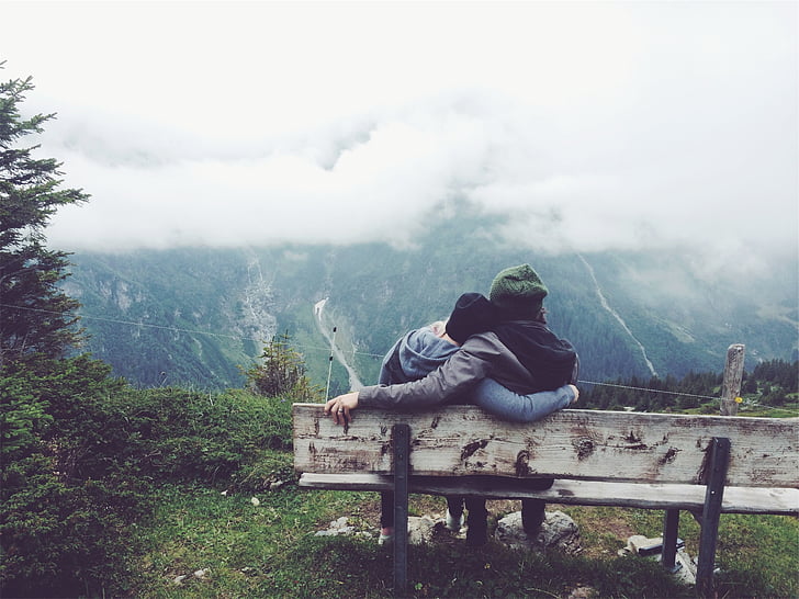 couple, sitting, bench, mountain, view, love, romance