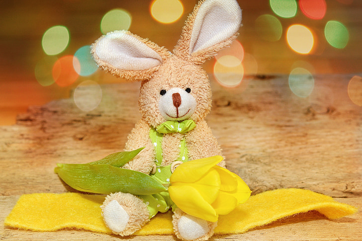 กระต่ายผ้า, dekohase, ดอกไม้, ทิวลิป, สักหลาด, โบเก้สีเหลือง, ปิด