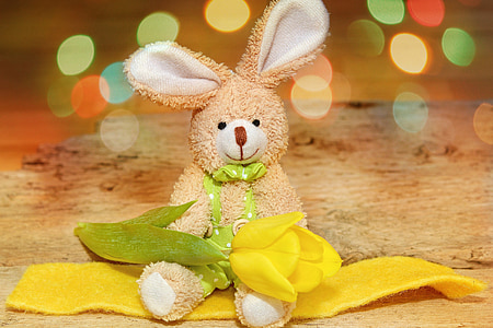 fabric bunny, dekohase, flower, tulip, felt, yellow bokeh, close