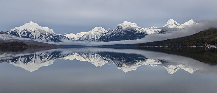 lake mcdonald, landscape, reflection, water, mountains, glacier national park, montana