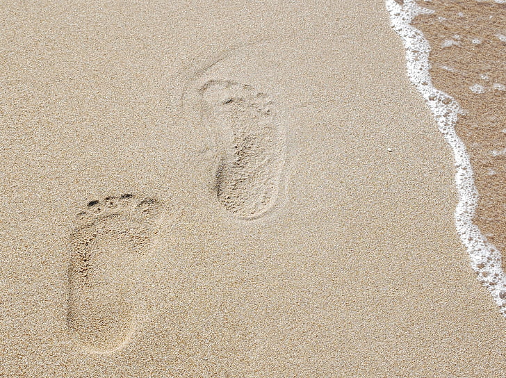 pēdas, smilts, jūra, trasēšanas, pludmale, pēdas smiltīs, pēda