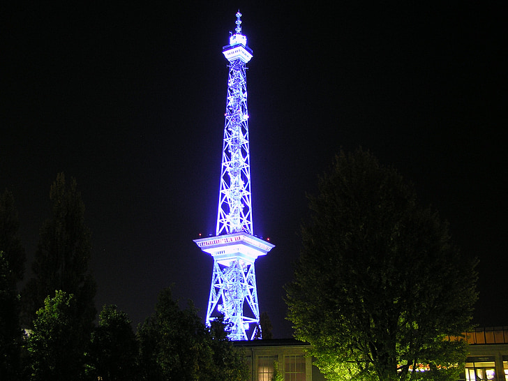 radio tower, berlin, night, tower, illuminated, blue, architecture