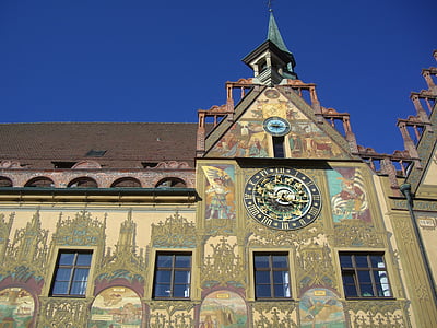town hall, ulm, facade, painting, frescoes, monument, architecture