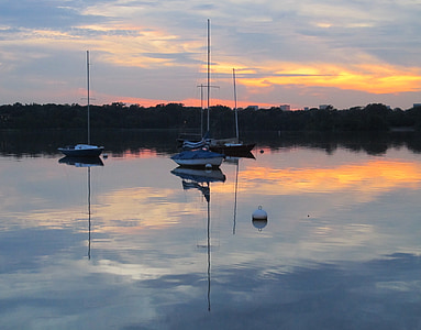 barcos de vela, puesta de sol, Lago, Serena, colorido, cielo, calma