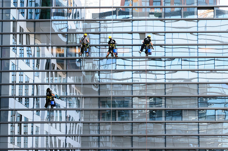 glass facade, window cleaner, facade, window cleaning, architecture, workplace, skyscraper