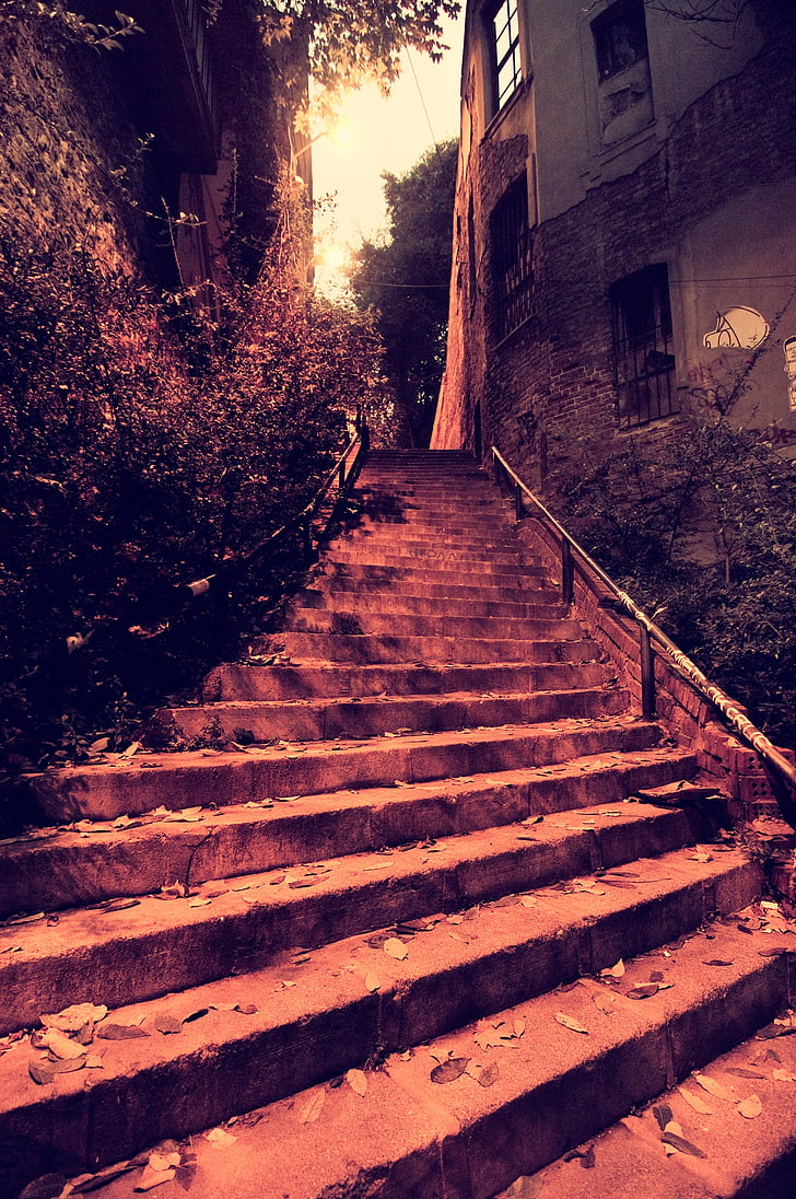 stairs, night, street, dark, city, streets, red