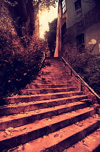 escadas, à noite, rua, escuro, cidade, ruas, vermelho