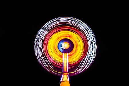 yellow, white, red, painting, fair, ride, long exposure