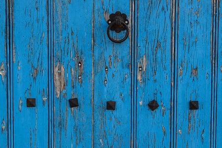 durvis, koka, zila, vecumā, pārcietusi, arhitektūra, tradicionālā
